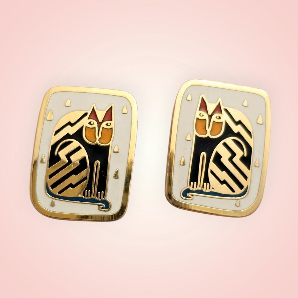 Cute vintage Laurel Burch Fantastic cat enamel gold tone‎ Earrings